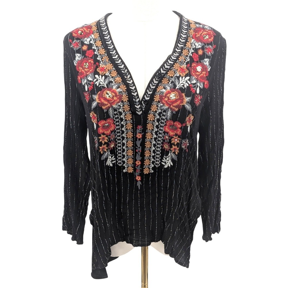 Embroidered Floral Velvet Blouse Black Boho Tunic Hi Low April Sky Size S